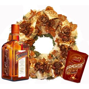 Златен коледен венец с вино и бонбони - Изискан Коледен подарък
