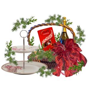 Peonies Sweet Stand in a Gift Basket with Wine and Candy