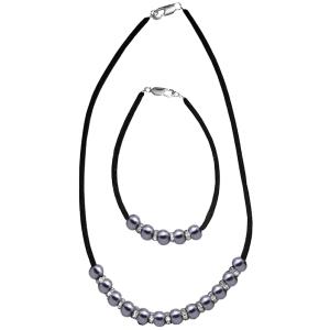 Огърлица и гривна от култивирани перли, цирконии и велур