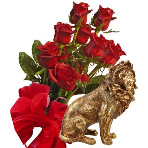Букет от рози и Статуетка лъв - Подаръци онлайн