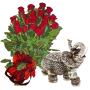 Gift elephant mascot statuette and bouquet of roses