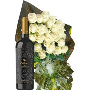 Happy holiday! - White roses bouquet and wine Happy holiday! - White roses bouquet and wine
