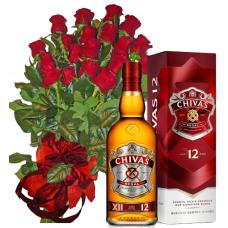 Червени рози и Уиски Chivas - онлайн поръчка на изискан мъжки подарък
